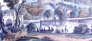 Pittville Pump Room 1840s with lake and west bridge